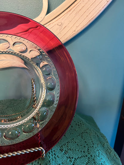 Vintage Ruby Red King’s Crown Thumbprint Indiana Glass 8¼" Salad or Bread Plate