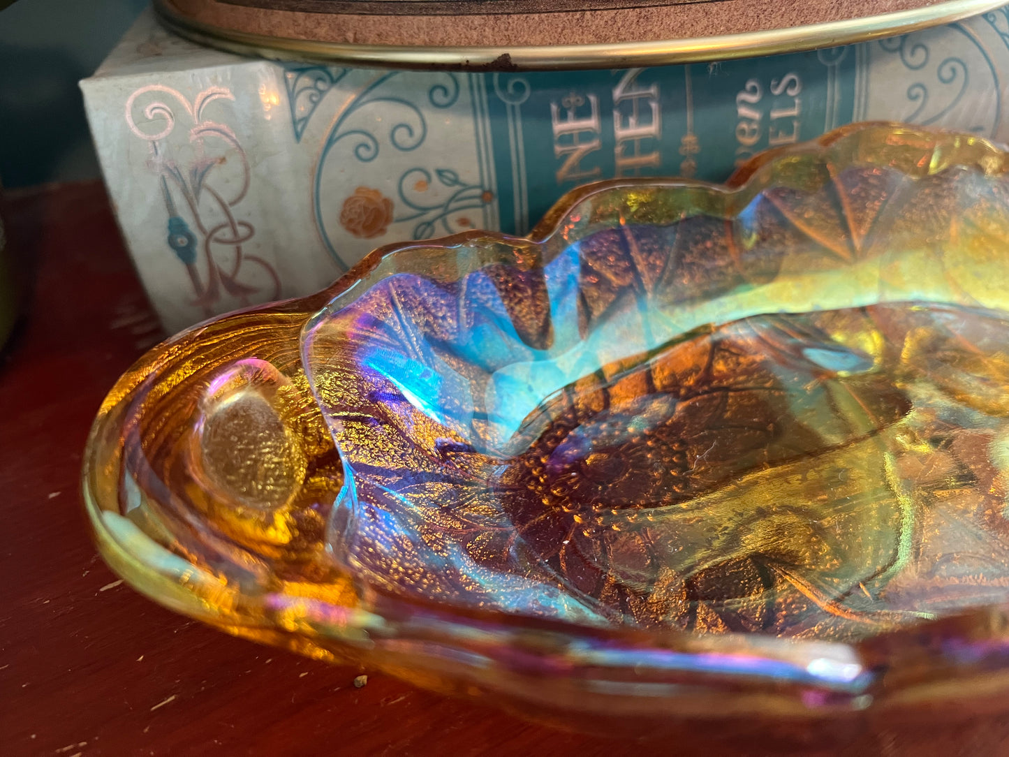 Indiana Glass Lily Pons Orange Carnival Glass Pickle/Relish/Candy Dish