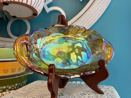 Indiana Glass Lily Pons Orange Carnival Glass Pickle/Relish/Candy Dish