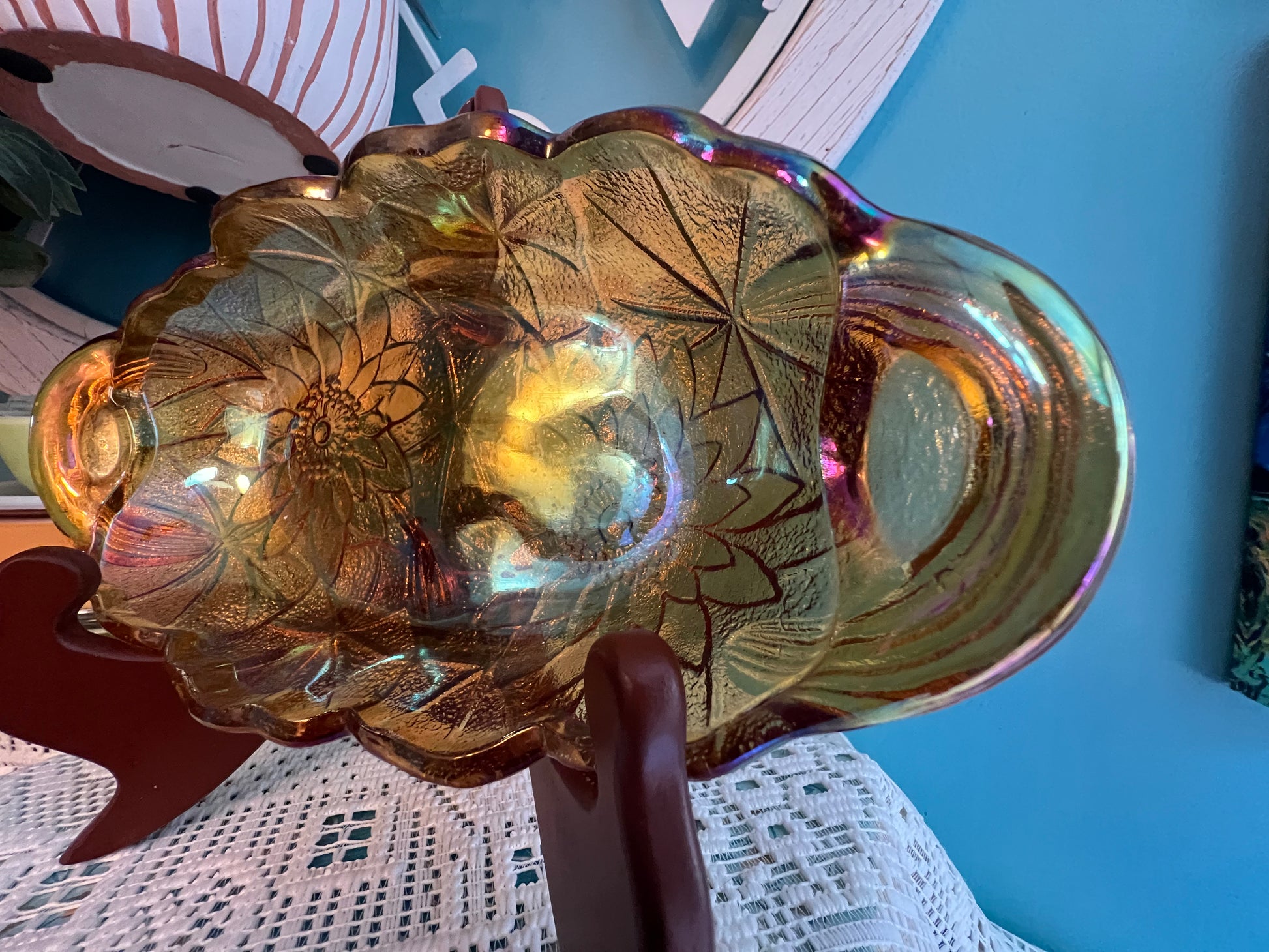 Indiana Glass Lily Pons Orange Carnival Glass Pickle/Relish/Candy Dish