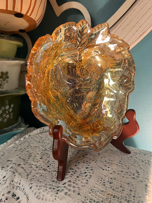 Vintage Indiana Glass Loganberry Strawberry Relish iridescent amber berry bowl
