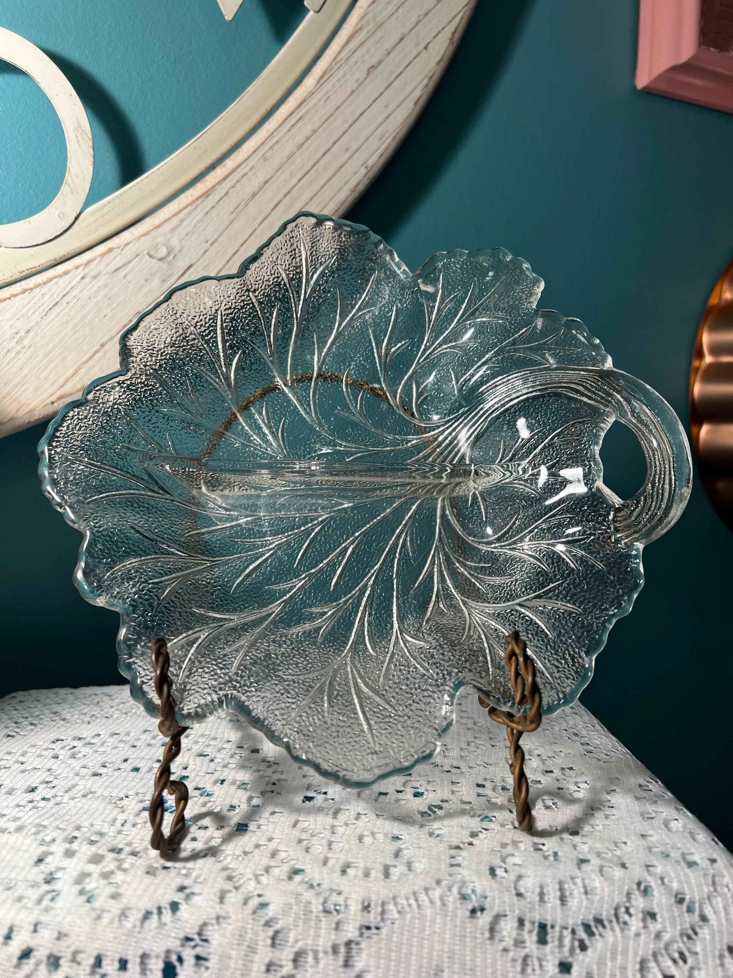 Indiana Glass Pebble Cabbage Leaf Pattern Divided Relish Dish | Vintage Glassware