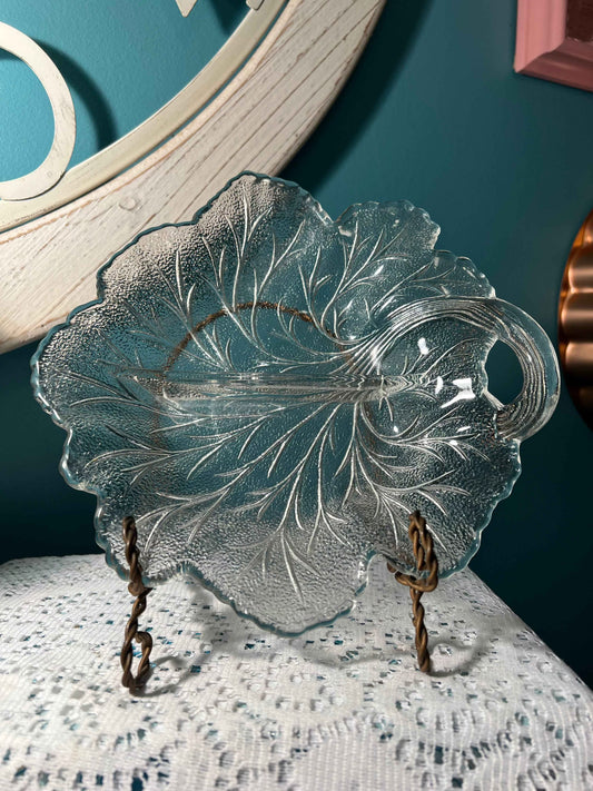Indiana Glass Pebble Cabbage Leaf Pattern Divided Relish Dish | Vintage Glassware
