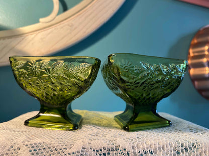 Vintage Indiana Glass Pineapple & Floral Diamond Compote - Per Glass | Avocado Green Glass