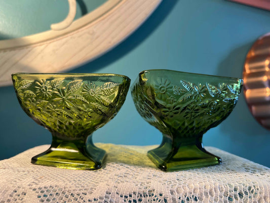 Vintage Indiana Glass Pineapple & Floral Diamond Compote - Per Glass | Avocado Green Glass