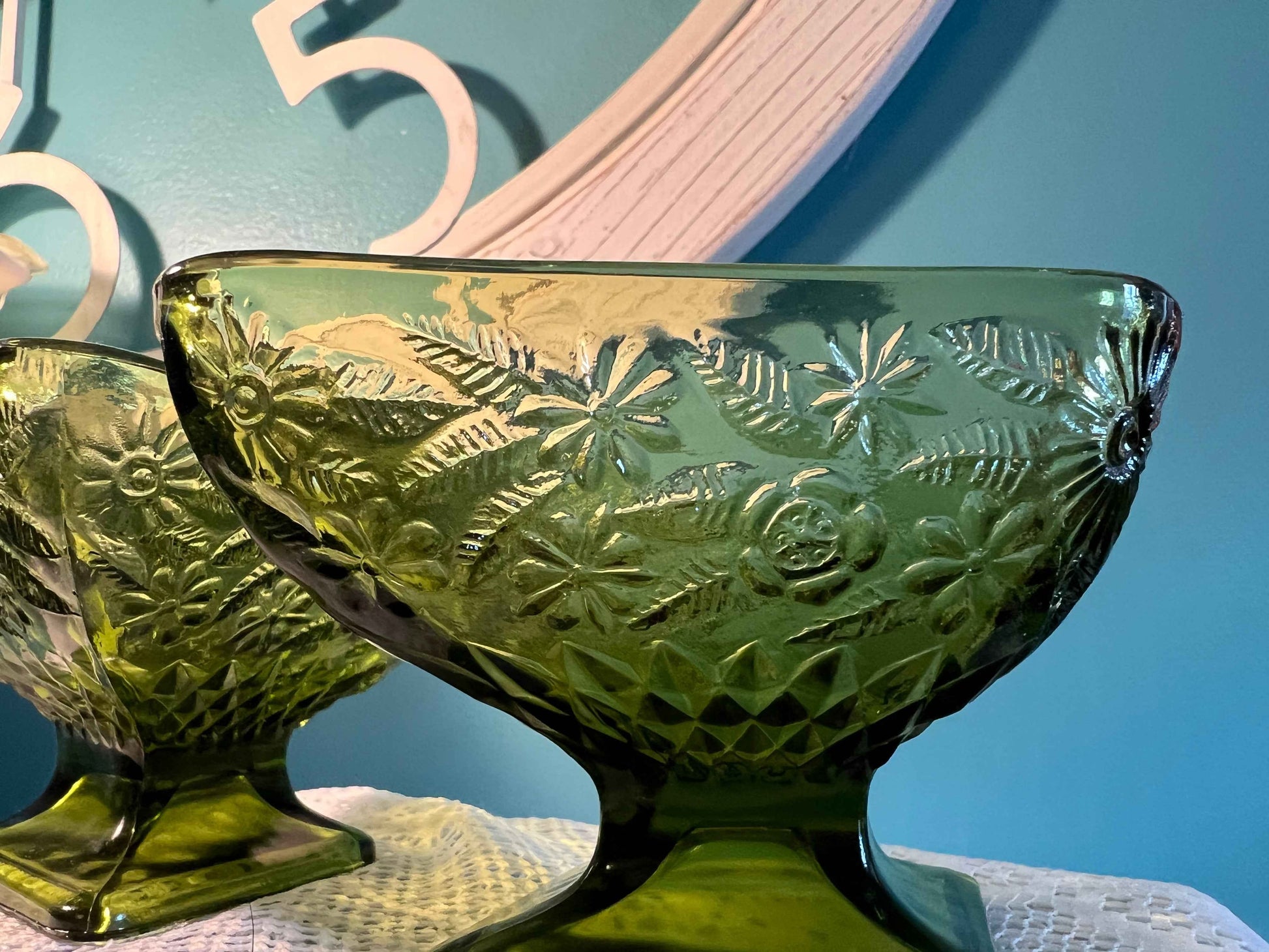 Vintage Indiana Glass Pineapple & Floral Diamond Compote - Per Glass | Avocado Green Glass