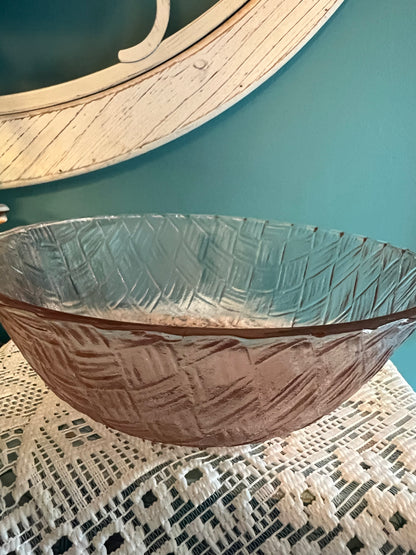 Retro Depression glass serving bowl in pink basket weave design