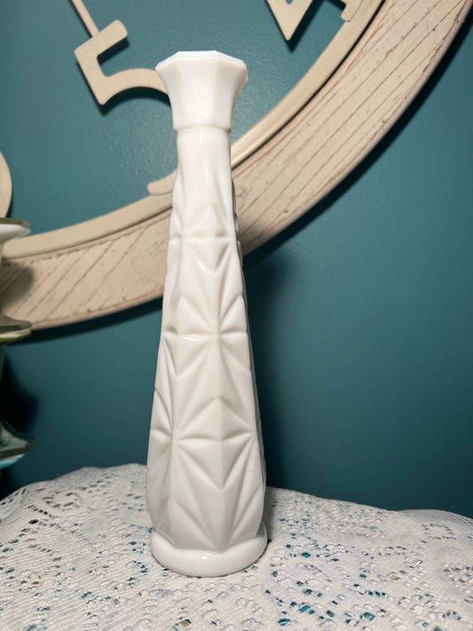 Vintage White Milk Glass Bud Vase | 9" Starburst Design | Collectible Glassware