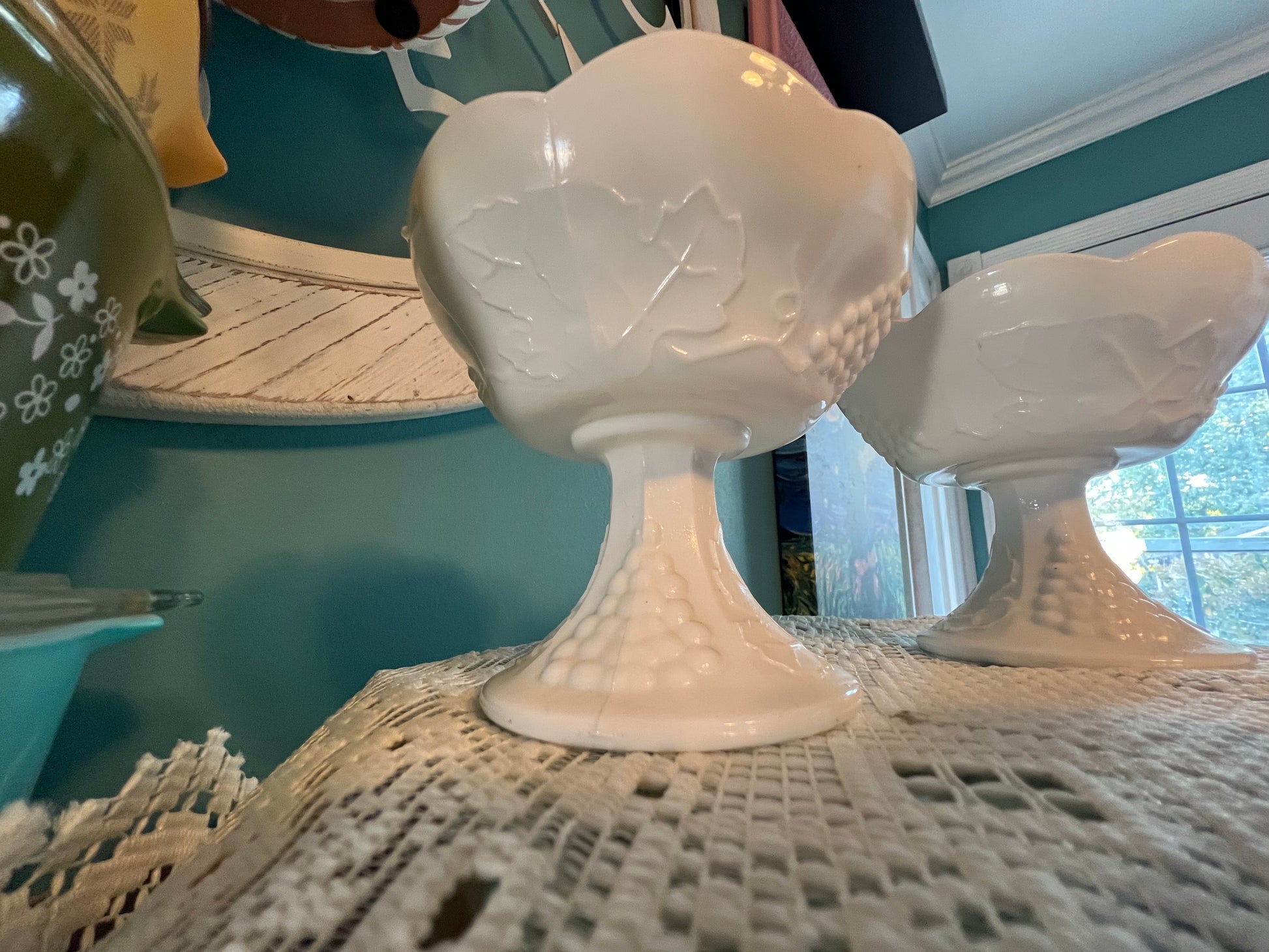 Mid-century retro Indiana Glass Colony Harvest footed candle holders