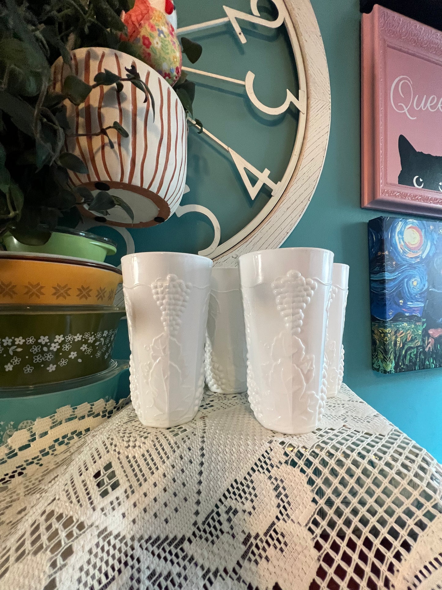 Set of 4 Indiana Glass Harvest Colony milk glass tumblers 1960s