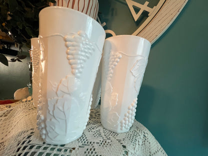 Vintage Indiana Glass milk glass tumblers with embossed grape pattern