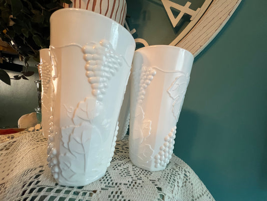Vintage Indiana Glass milk glass tumblers with embossed grape pattern