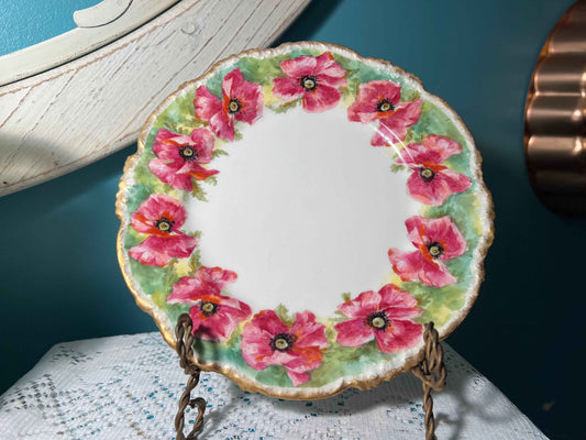 J Pouya Limoges Porcelain Plate | Pink Poppies | French Collectible