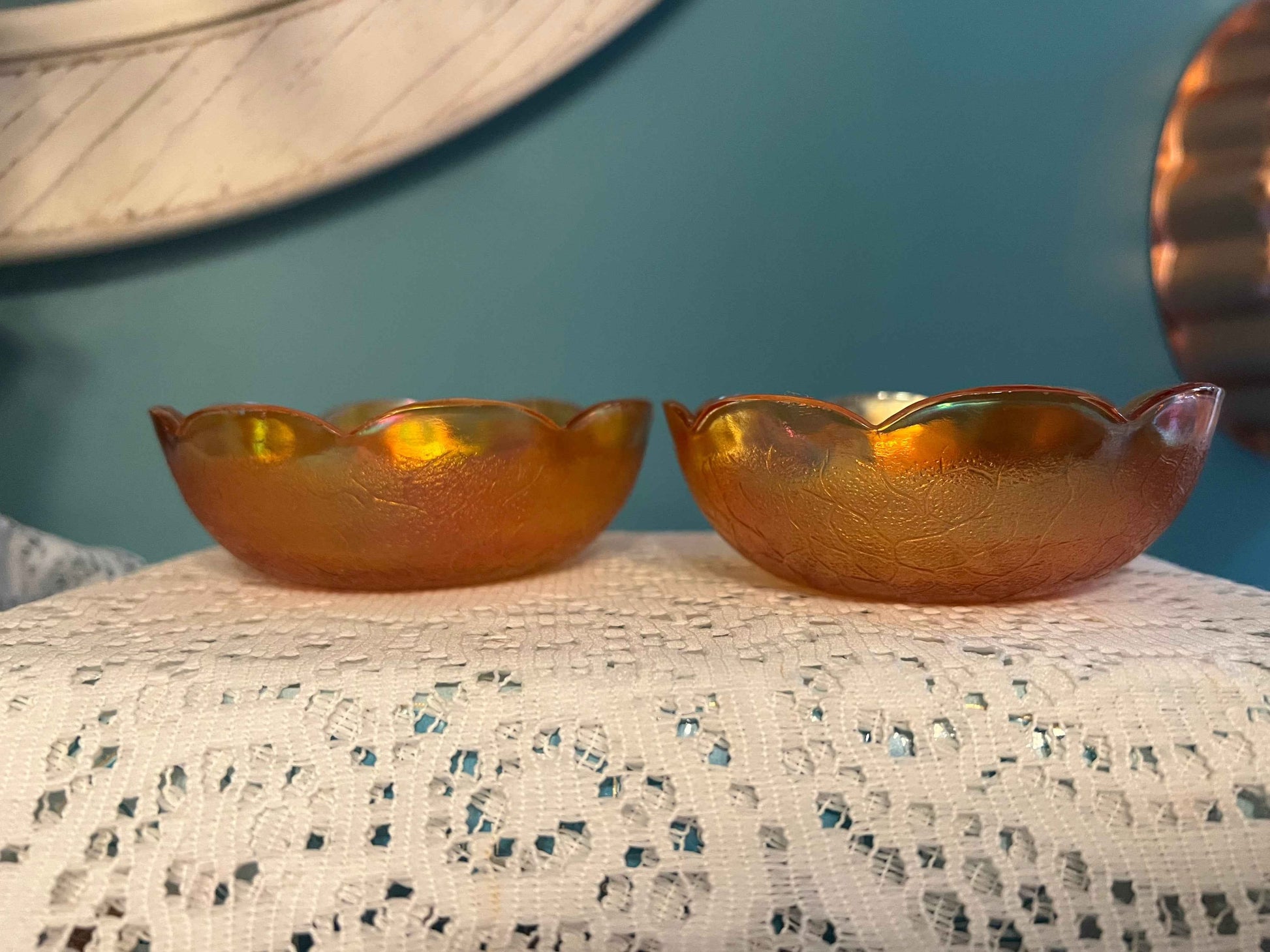Jeannette Crackle Marigold Fruit Dessert Bowls | Carnival Glass | Set of 4