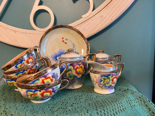 Vintage Japanese Lusterware Child’s Tea Set with Hand-Painted Florals | Made in Japan
