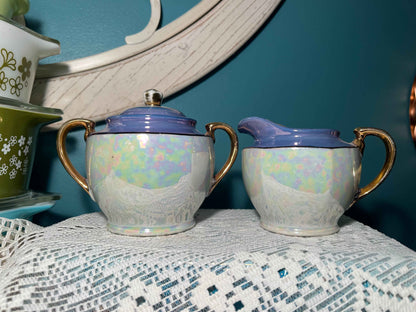 Vintage Japanese Hand-Painted Lusterware Sugar Bowl & Creamer Set | Blue Lavender Accents | Vintage Tea Service