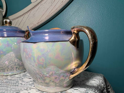 Vintage Japanese Hand-Painted Lusterware Sugar Bowl & Creamer Set | Blue Lavender Accents | Vintage Tea Service