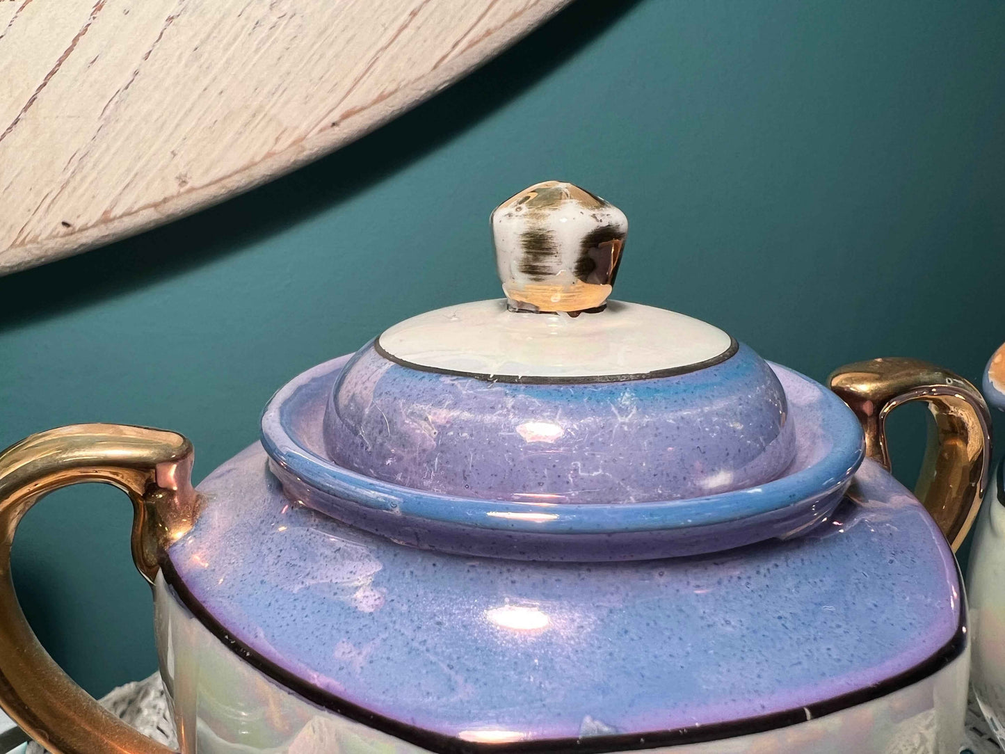 Vintage Japanese Hand-Painted Lusterware Sugar Bowl & Creamer Set | Blue Lavender Accents | Vintage Tea Service