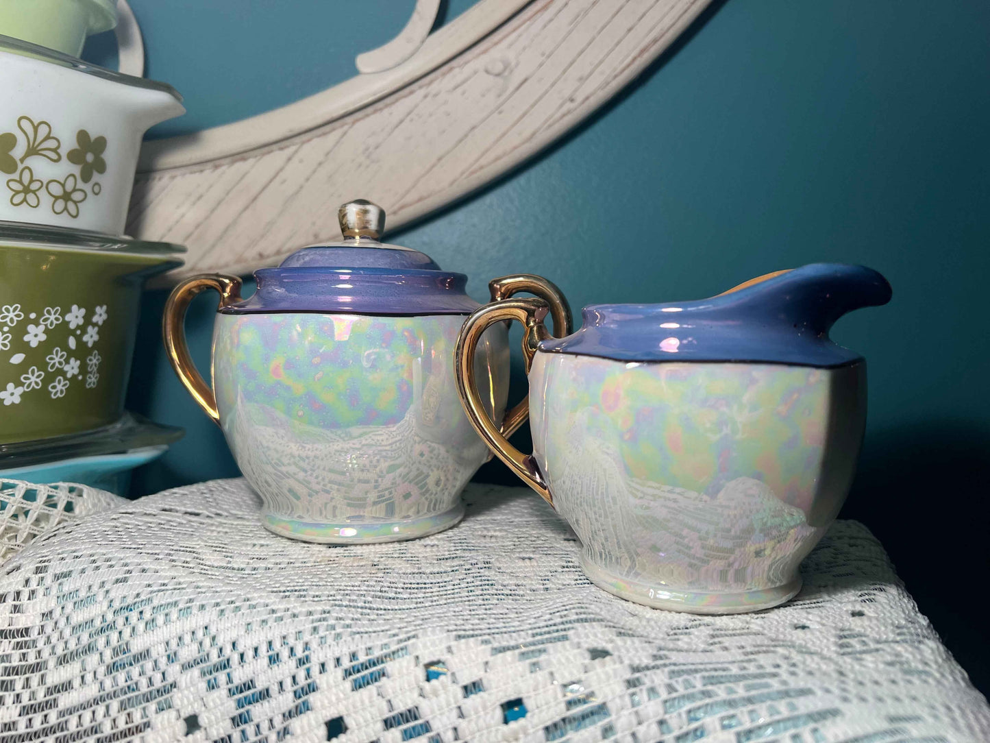 Vintage Japanese Hand-Painted Lusterware Sugar Bowl & Creamer Set | Blue Lavender Accents | Vintage Tea Service