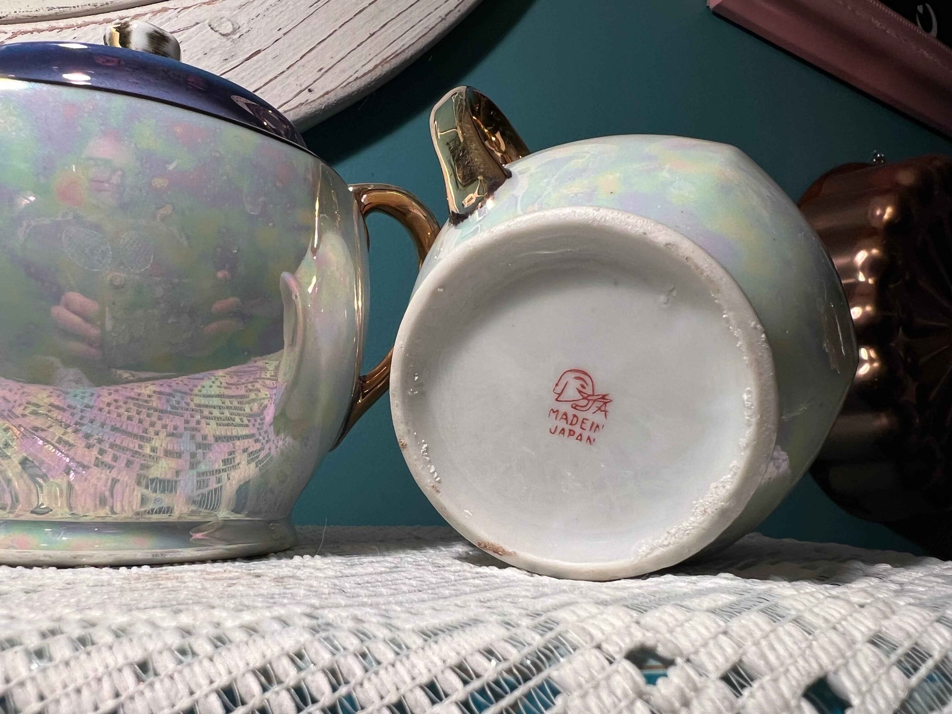 Vintage Japanese Hand-Painted Lusterware Sugar Bowl & Creamer Set | Blue Lavender Accents | Vintage Tea Service