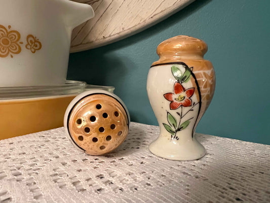Vintage Hand-Painted Porcelain Lusterware Salt & Pepper Shakers | Japanese Floral Tableware | Red-Orange Flowers