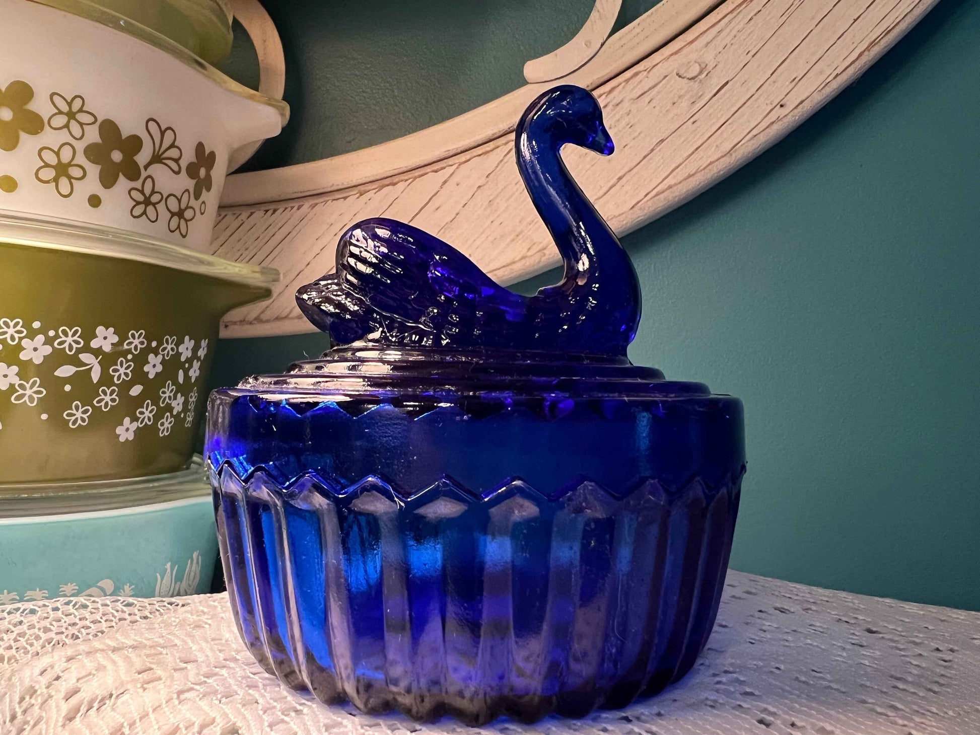 Jeanette Glass Cobalt Trinket Jar | Swan Lid | Vintage Collectible Glassware