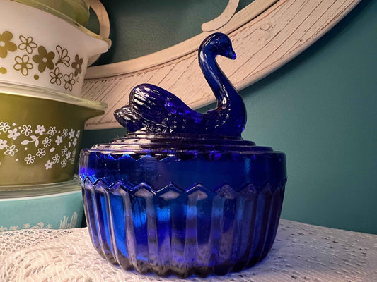 Jeanette Glass Cobalt Trinket Jar | Swan Lid | Vintage Collectible Glassware