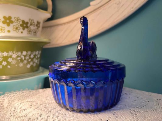 Jeanette Glass Cobalt Trinket Jar | Swan Lid | Vintage Collectible Glassware