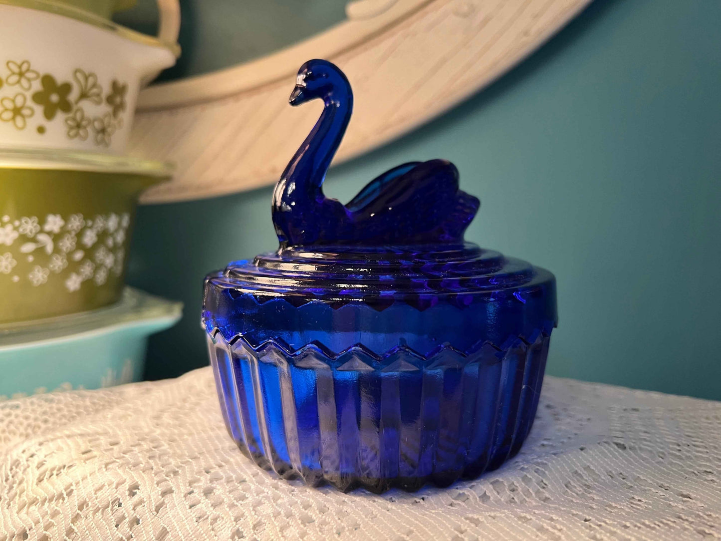 Jeanette Glass Cobalt Trinket Jar | Swan Lid | Vintage Collectible Glassware