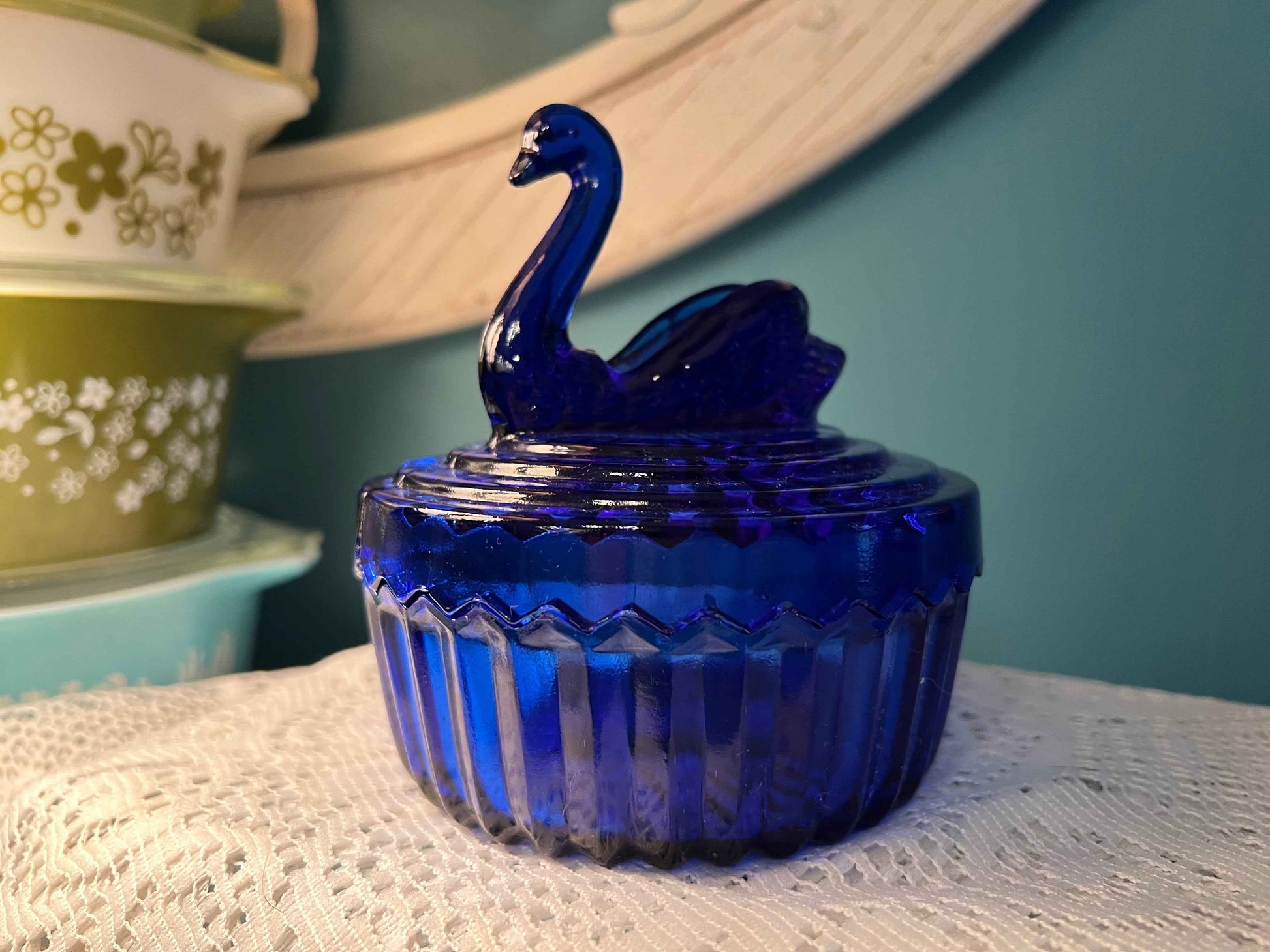 Jeanette Glass Cobalt Trinket Jar | Swan Lid | Vintage Collectible Glassware