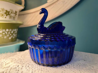 Jeanette Glass Cobalt Trinket Jar | Swan Lid | Vintage Collectible Glassware