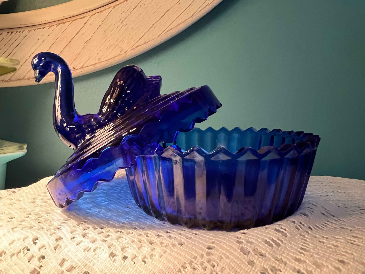 Jeanette Glass Cobalt Trinket Jar | Swan Lid | Vintage Collectible Glassware