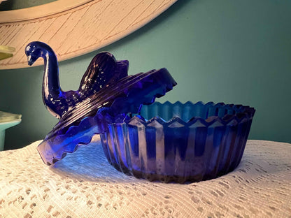 Jeanette Glass Cobalt Trinket Jar | Swan Lid | Vintage Collectible Glassware