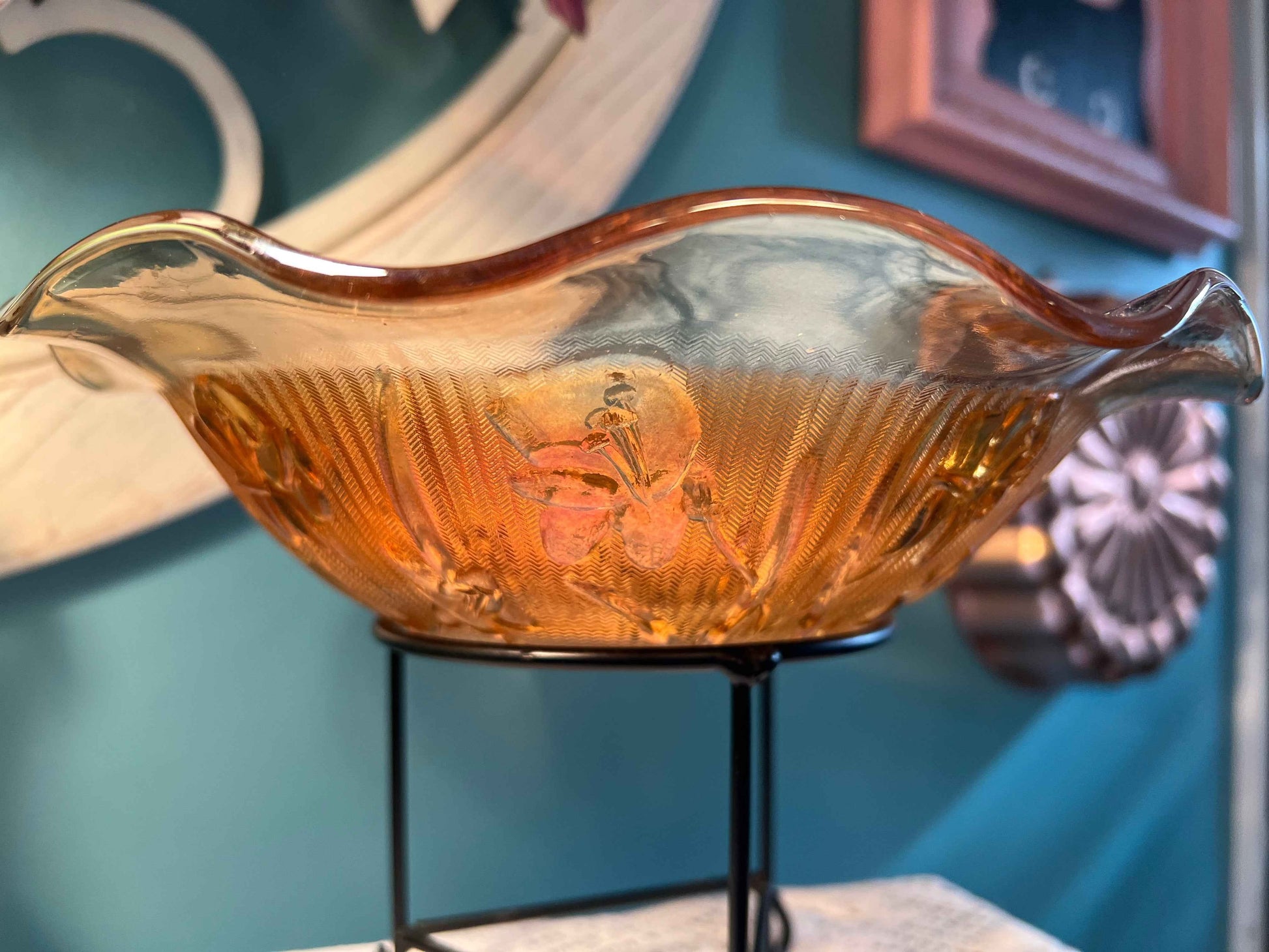 Jeannette Glass Iris & Herringbone Marigold Carnival Glass Bowl | 9.5" | Vintage Collectible