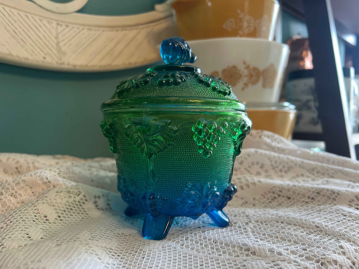 Vintage Jeannette Blue Green Flash Painted Footed Candy Dish Jar with Lid