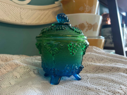 Vintage Jeannette Blue Green Flash Painted Footed Candy Dish Jar with Lid