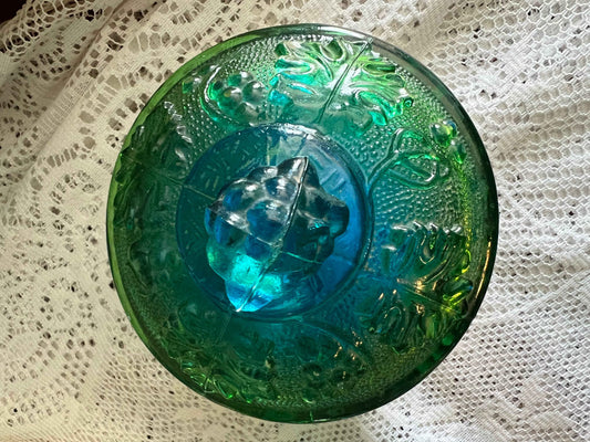 Vintage Jeannette Blue Green Flash Painted Footed Candy Dish Jar with Lid