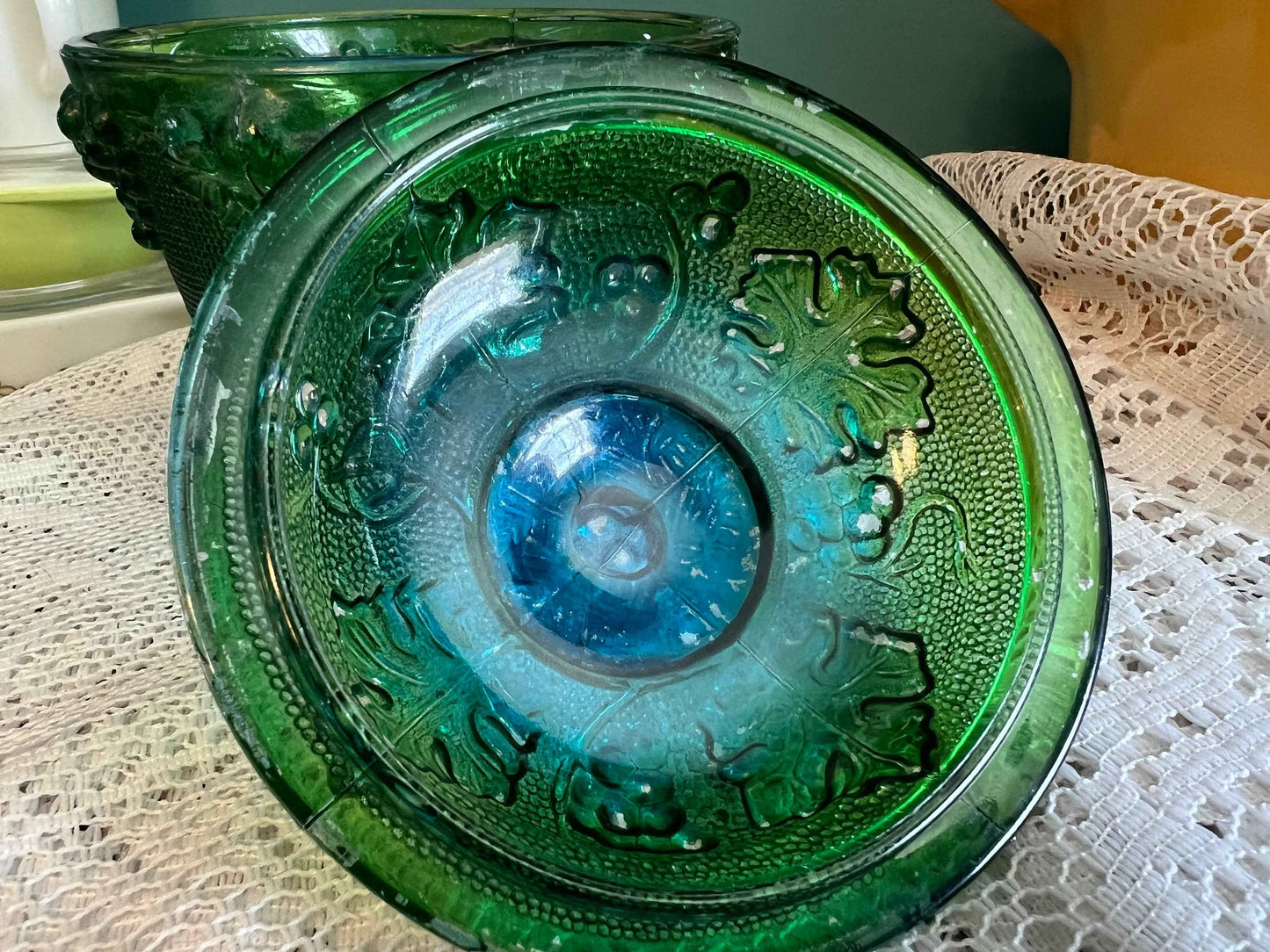 Vintage Jeannette Blue Green Flash Painted Footed Candy Dish Jar with Lid
