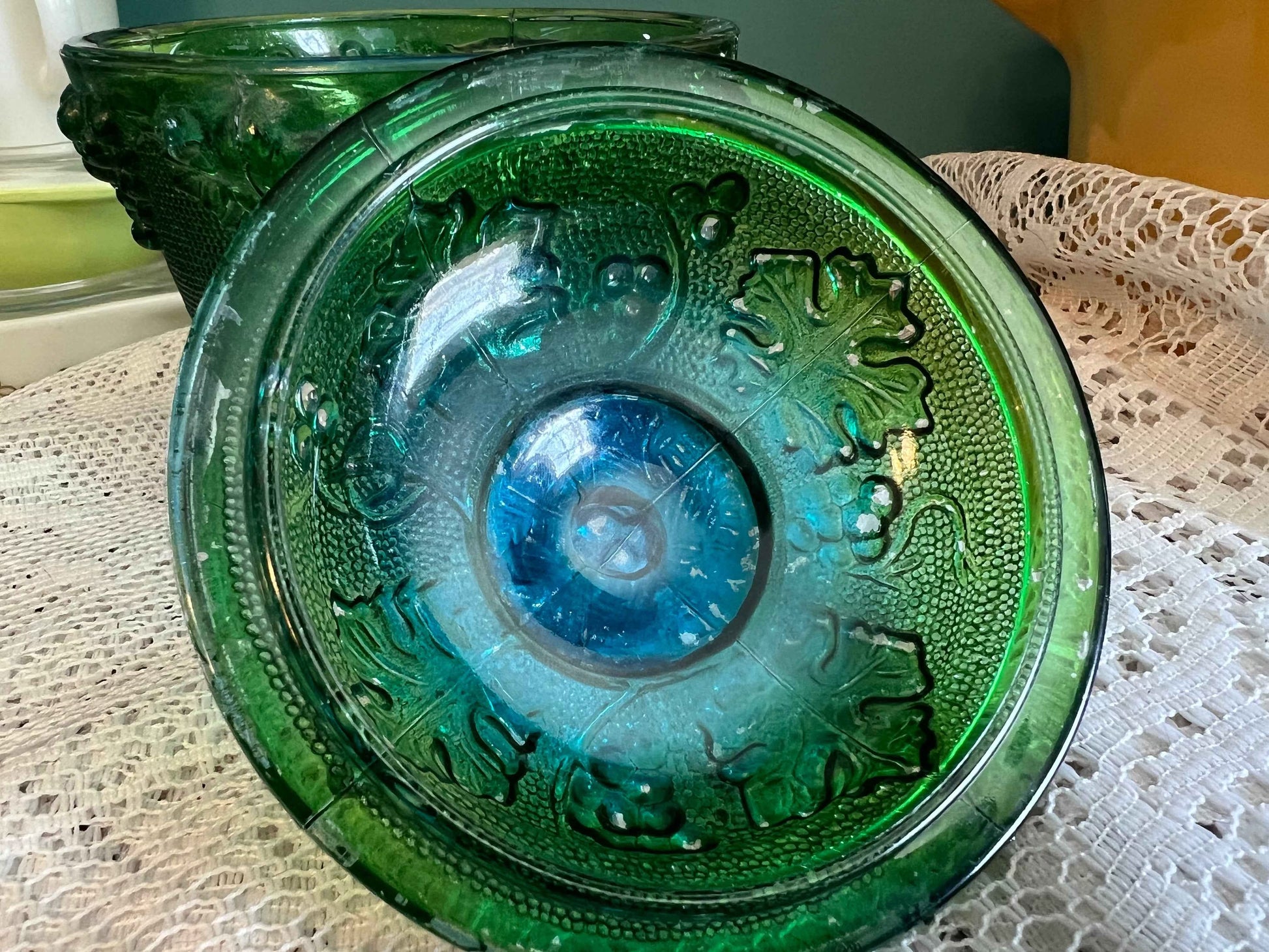 Vintage Jeannette Blue Green Flash Painted Footed Candy Dish Jar with Lid