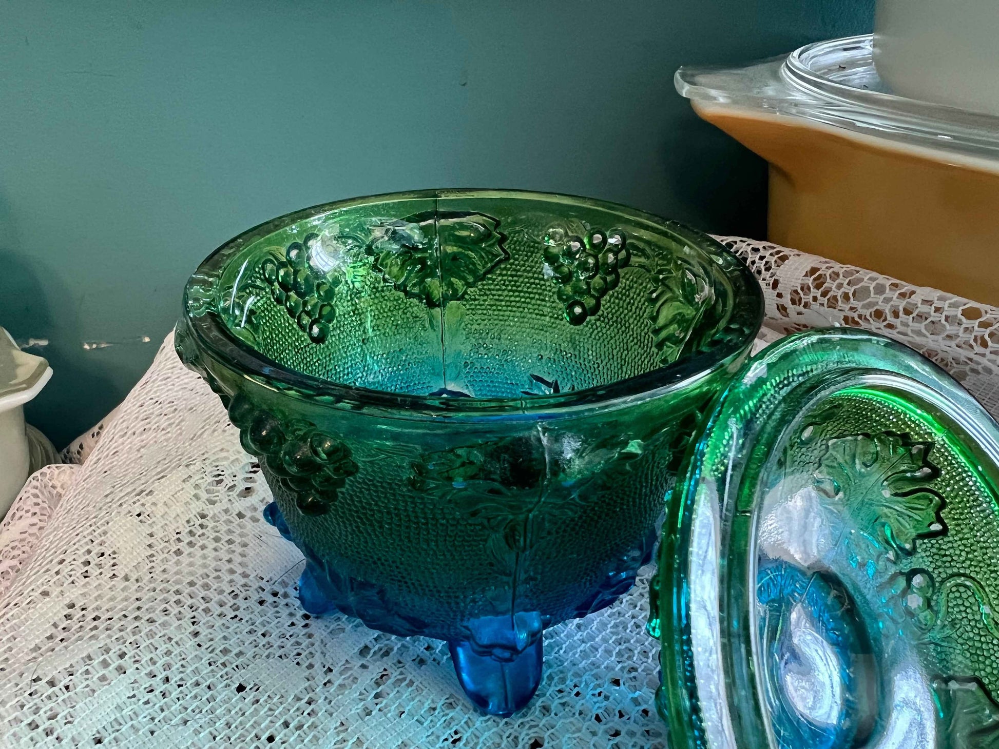 Vintage Jeannette Blue Green Flash Painted Footed Candy Dish Jar with Lid