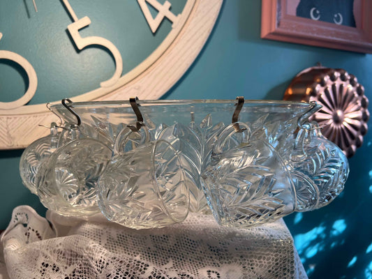 Vintage Jeannette Glass Feather Punch Bowl Set | 1 Bowl & 12 Cups | Collectible Glassware