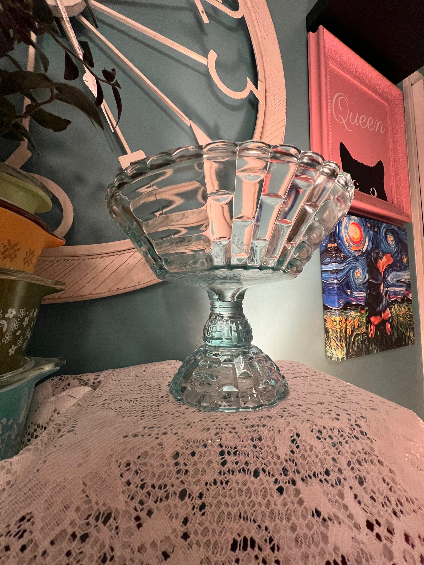 Vintage Jeannette Glass Louisa pedestal bowl in light blue Depression glass