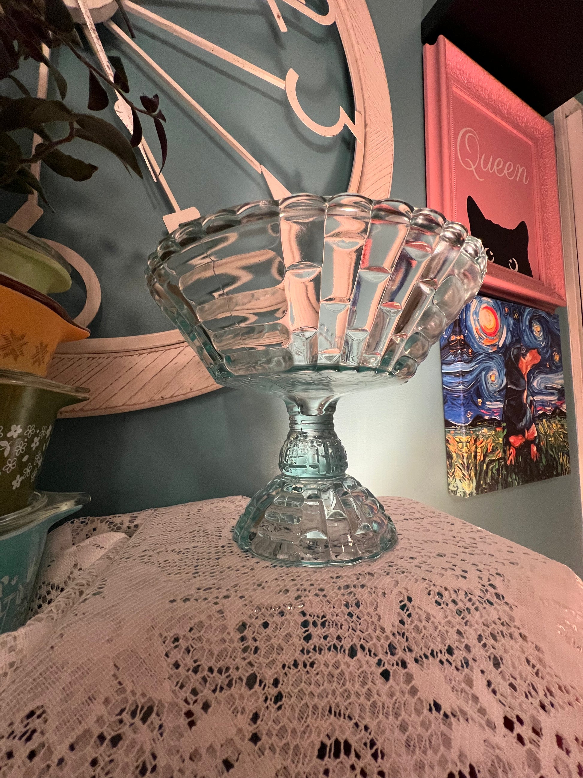 Vintage Jeannette Glass Louisa pedestal bowl in light blue Depression glass