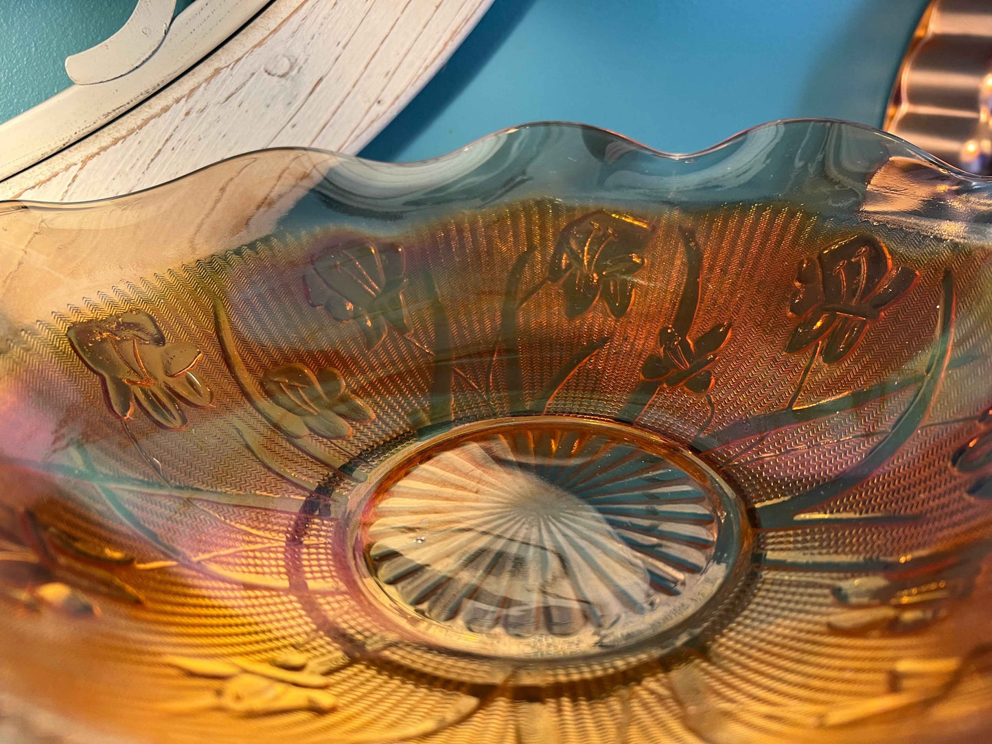 Jeanette Glass Iris & Herringbone Marigold Carnival Glass Bowl | 11.5" | Vintage Collectible