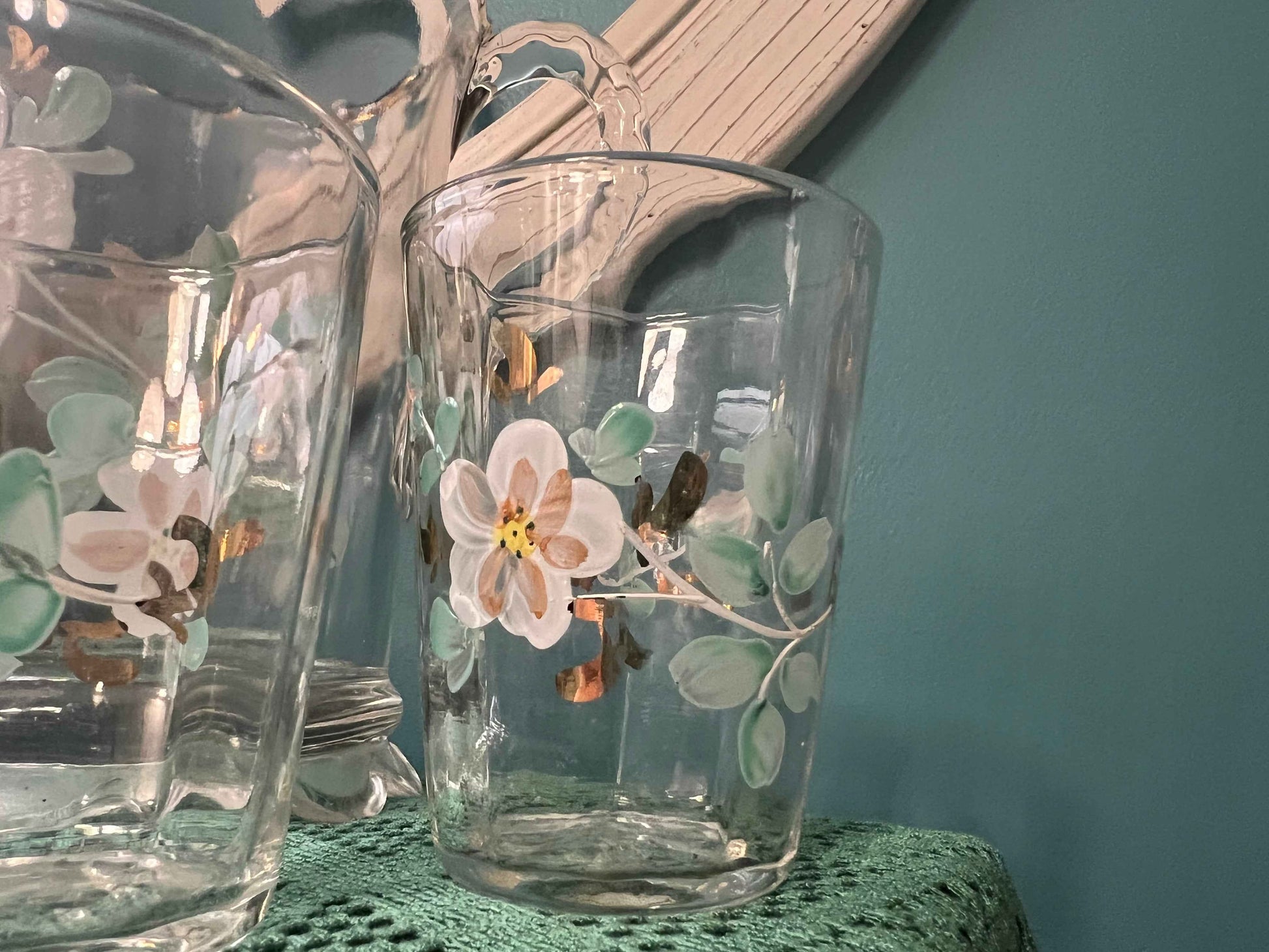 Antique Jefferson Glass Pitcher & Two Glasses | Hand-Painted Floral Pattern | EAPG Collectible Set