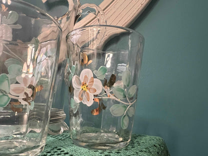 Antique Jefferson Glass Pitcher & Two Glasses | Hand-Painted Floral Pattern | EAPG Collectible Set