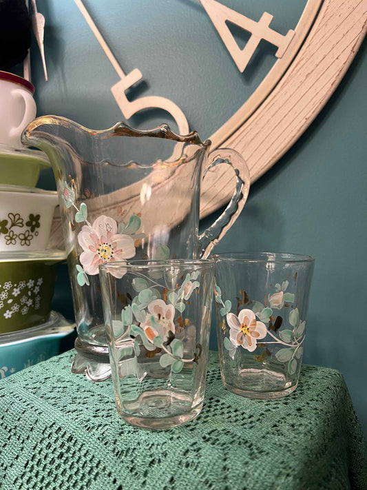 Antique Jefferson Glass Pitcher & Two Glasses | Hand-Painted Floral Pattern | EAPG Collectible Set