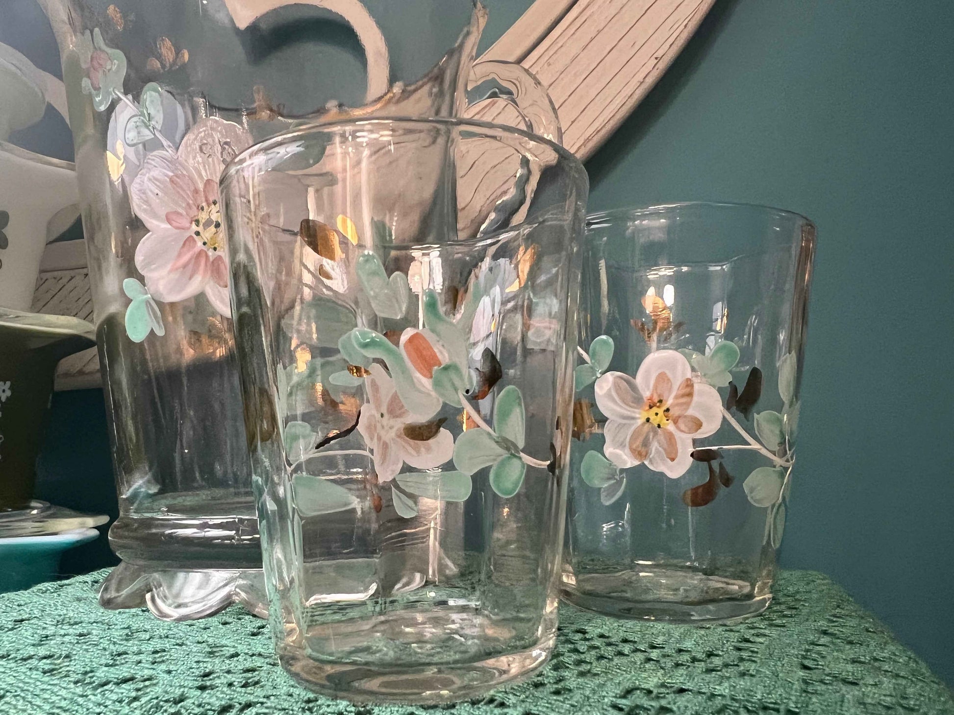 Antique Jefferson Glass Pitcher & Two Glasses | Hand-Painted Floral Pattern | EAPG Collectible Set
