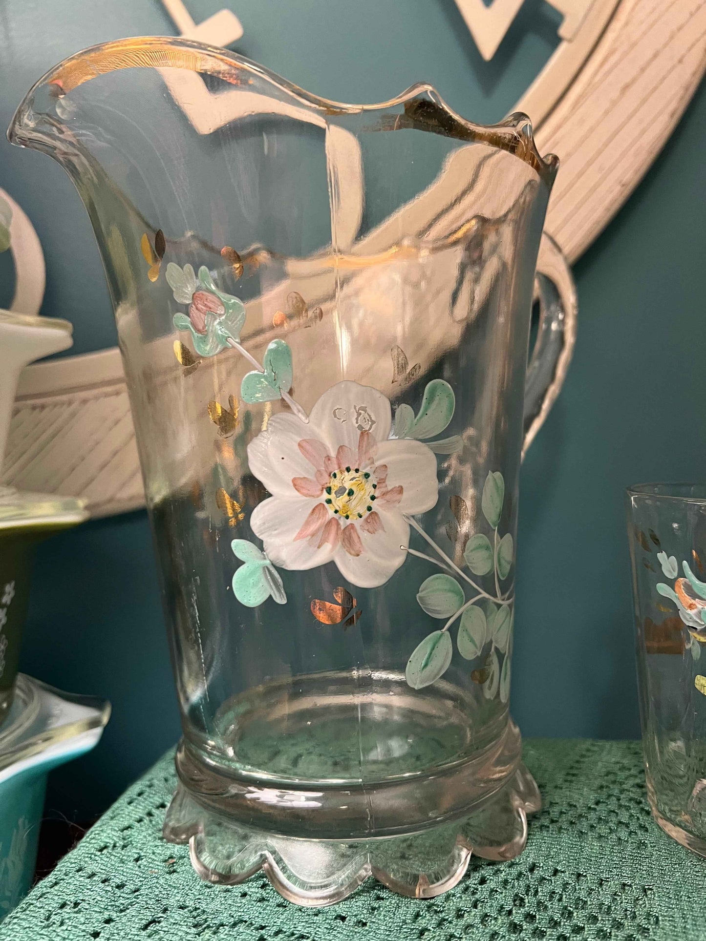 Antique Jefferson Glass Pitcher & Two Glasses | Hand-Painted Floral Pattern | EAPG Collectible Set