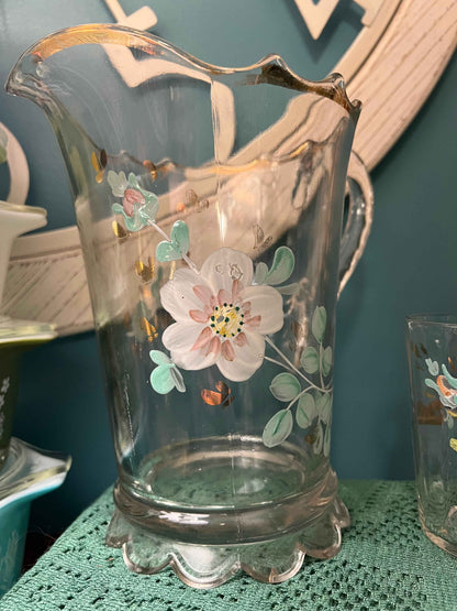 Antique Jefferson Glass Pitcher & Two Glasses | Hand-Painted Floral Pattern | EAPG Collectible Set